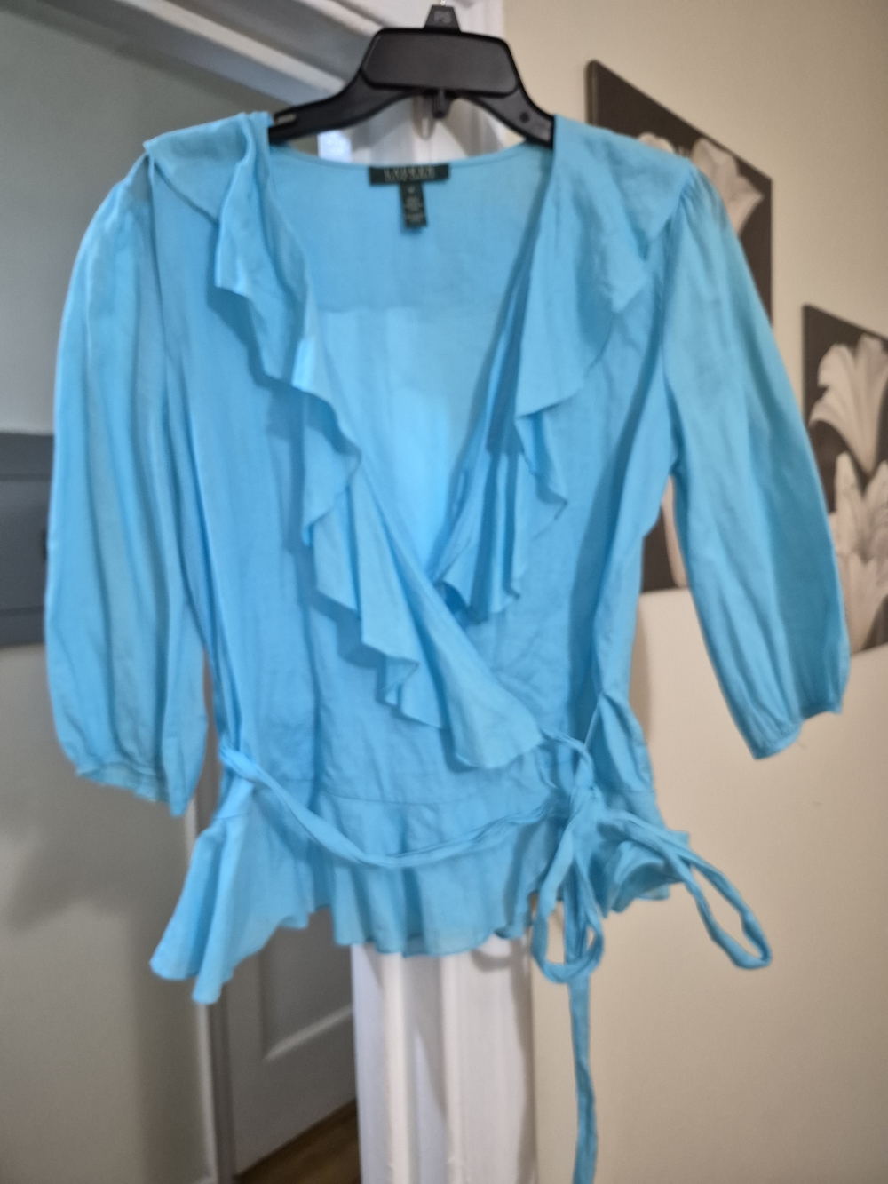 Ralph Lauren Turquoise Sheer Ruffled Wrap Blouse - Picture 4 of 10